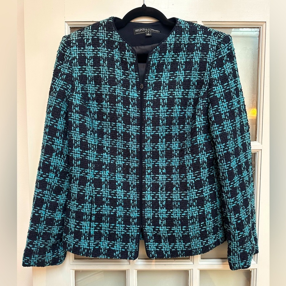 Kasper & Company Blue Black Jacket Chunky Knit Houndstooth Tweed Silk Size 8 Med